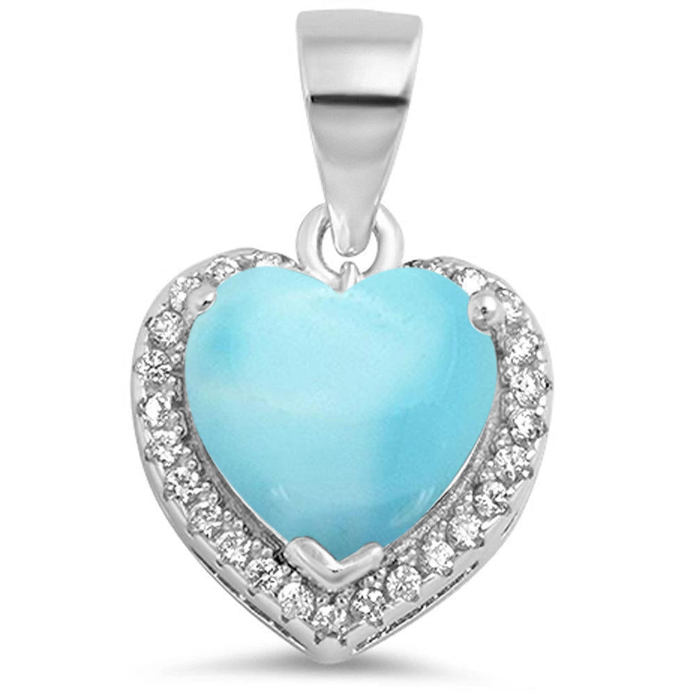 Natural Larimar Heart With CZ .925 Sterling Silver Pendant