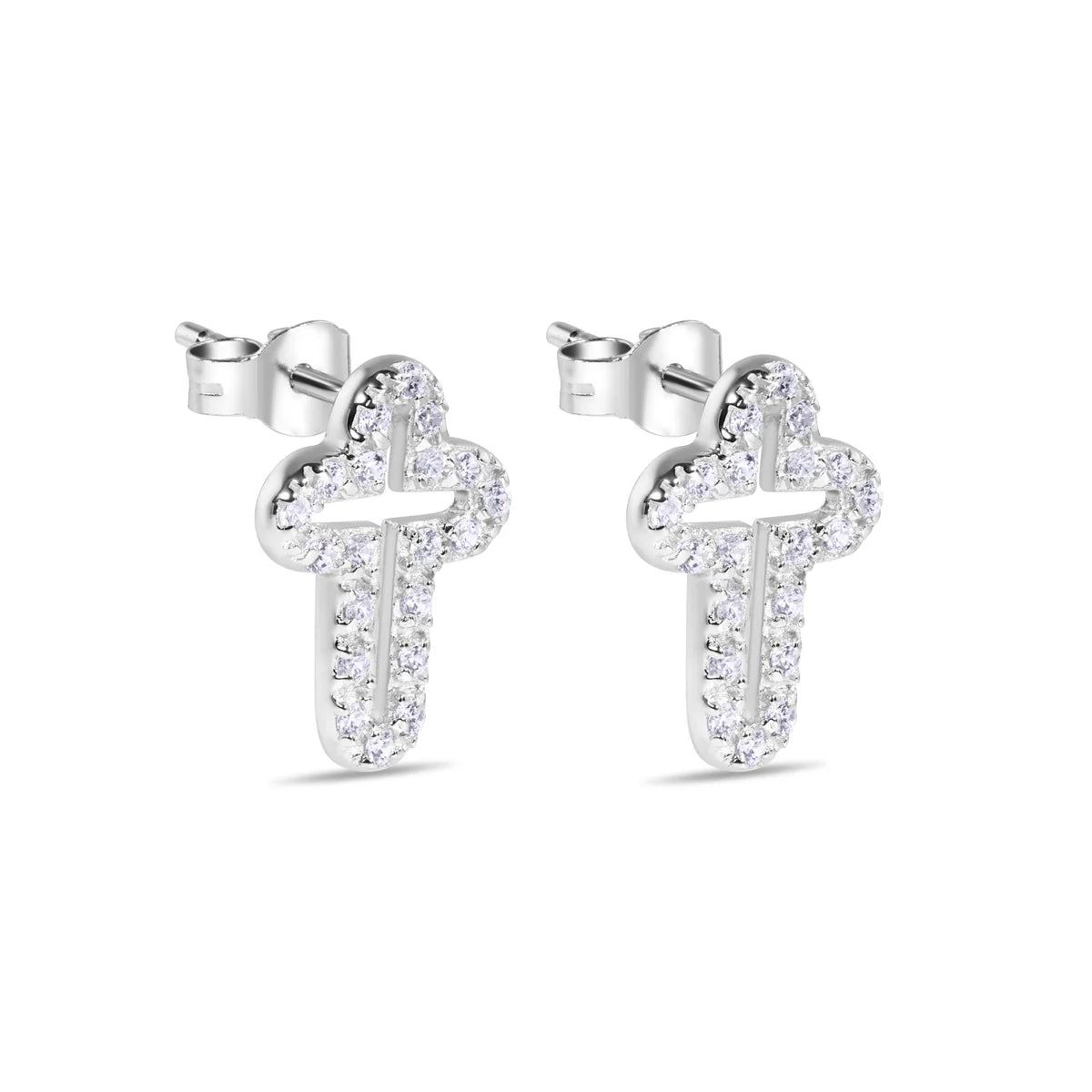 Silver 925 Rhodium Open Cross Plated Clear CZ Stud Earrings