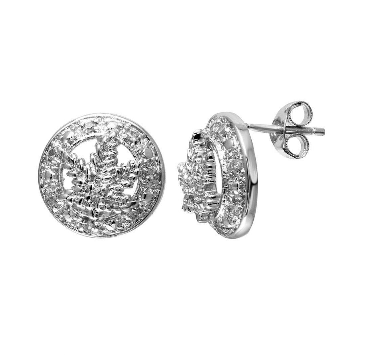 Rhodium Plated 925 Sterling Silver CZ Marijuana Leaf Stud Earrings