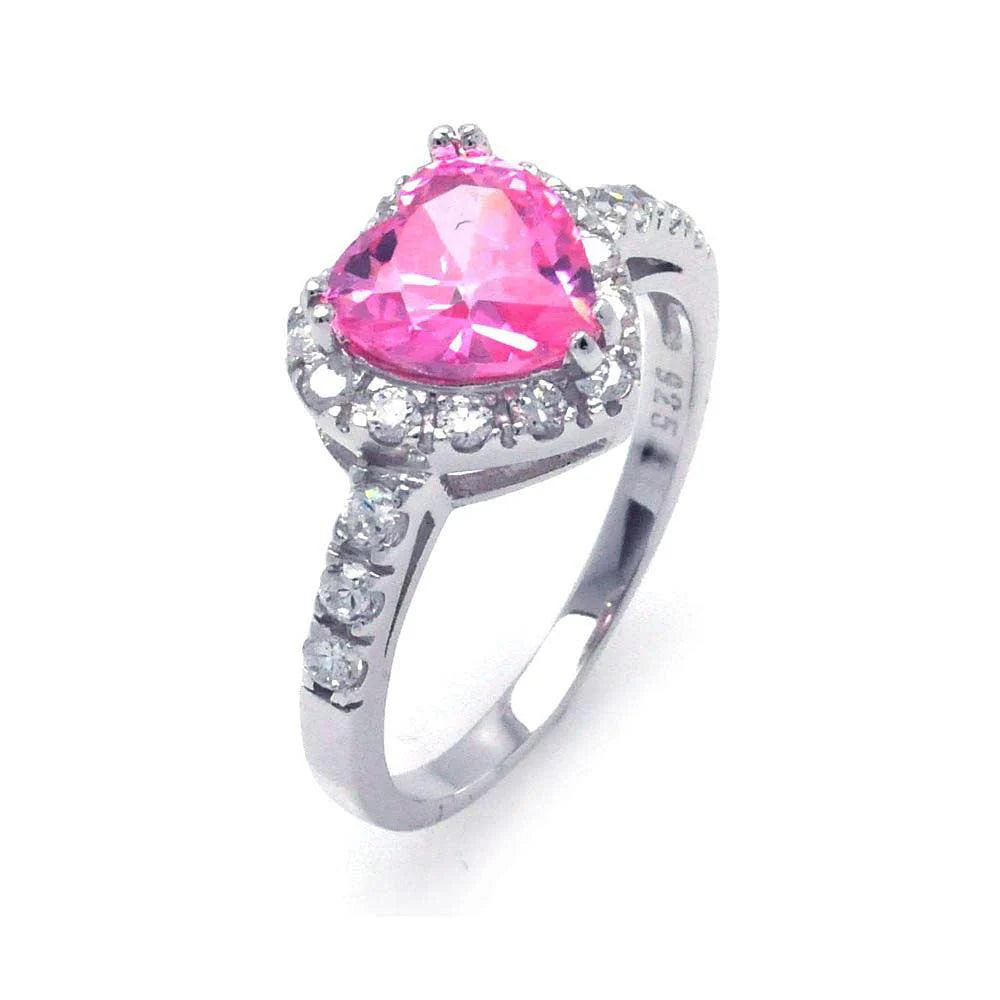 Silver 925 Rhodium Plated Pink and Clear Cluster CZ Heart Ring