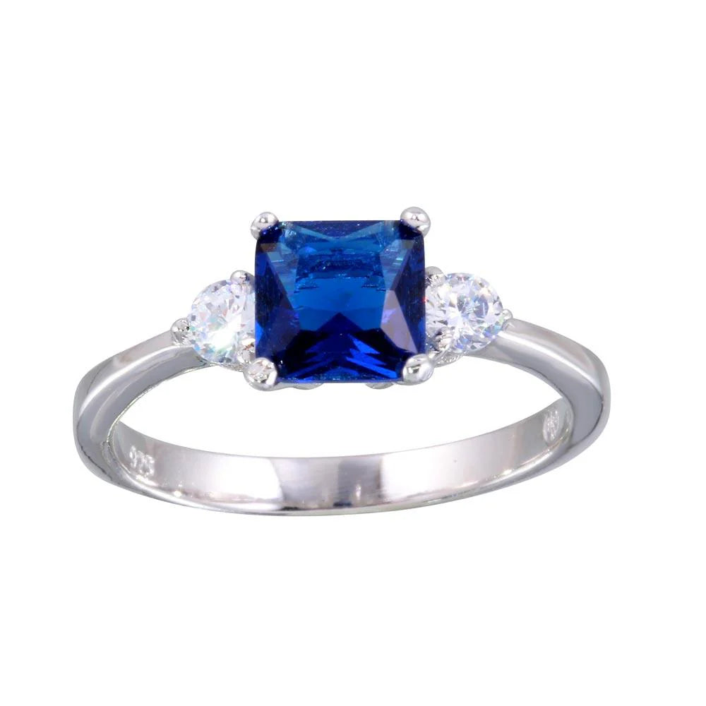 Rhodium Plated 925 Sterling Silver Blue CZ Center Stone Ring