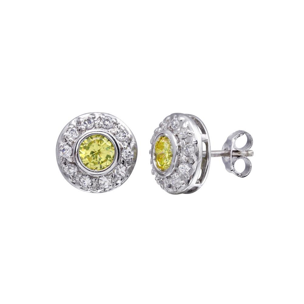 Rhodium Plated 925 Sterling Silver Round Halo Yellow and Clear CZ Stud Earring