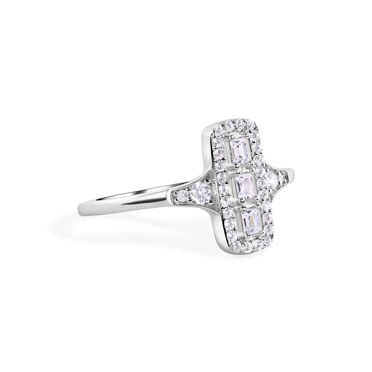 Rhodium Plated 925 Sterling Silver Rectangular Baguette Cut CZ 2.3mm Ring.