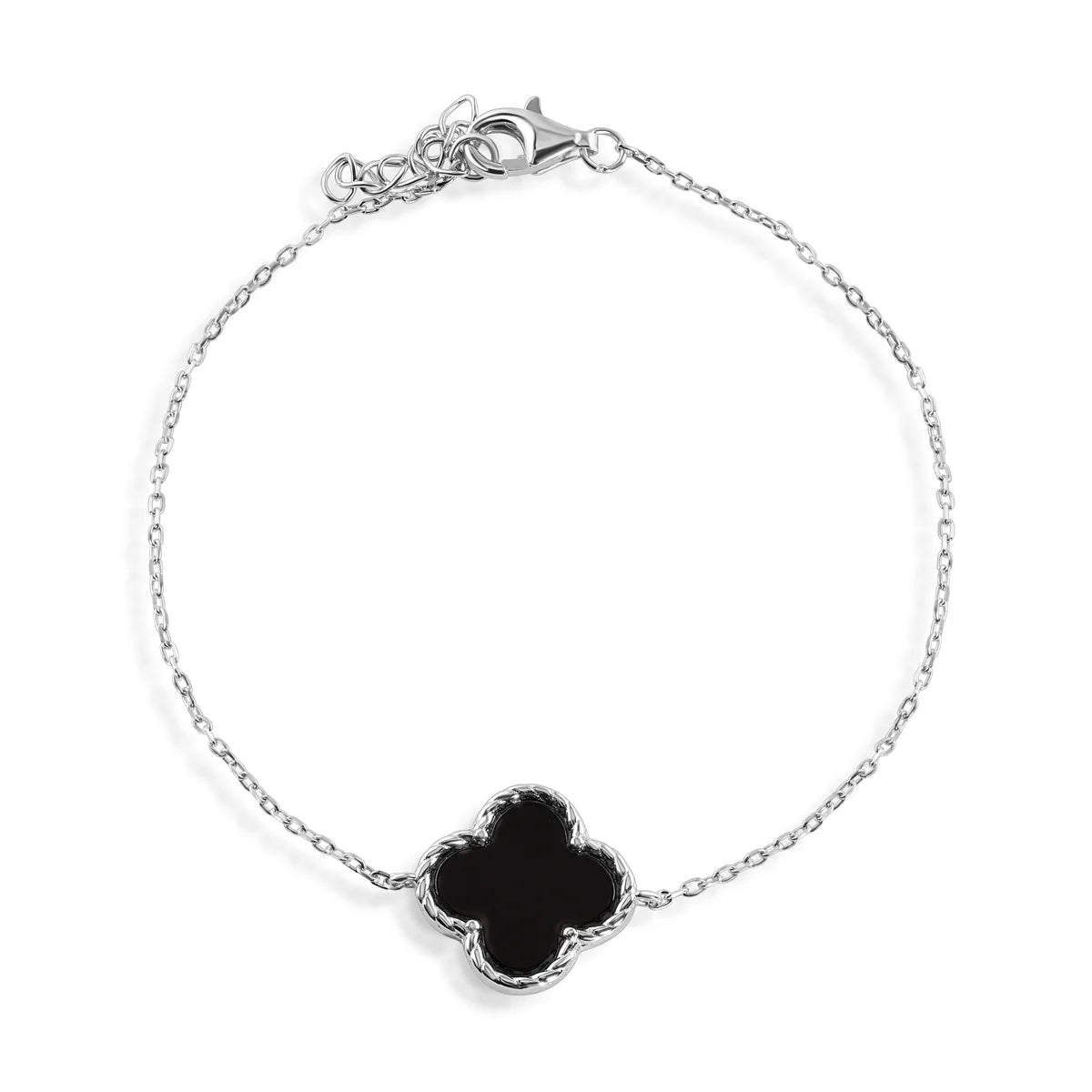 Rhodium Plated 925 Sterling Silver Black Enamel Four Leaf Clover Adjustable Bracelet