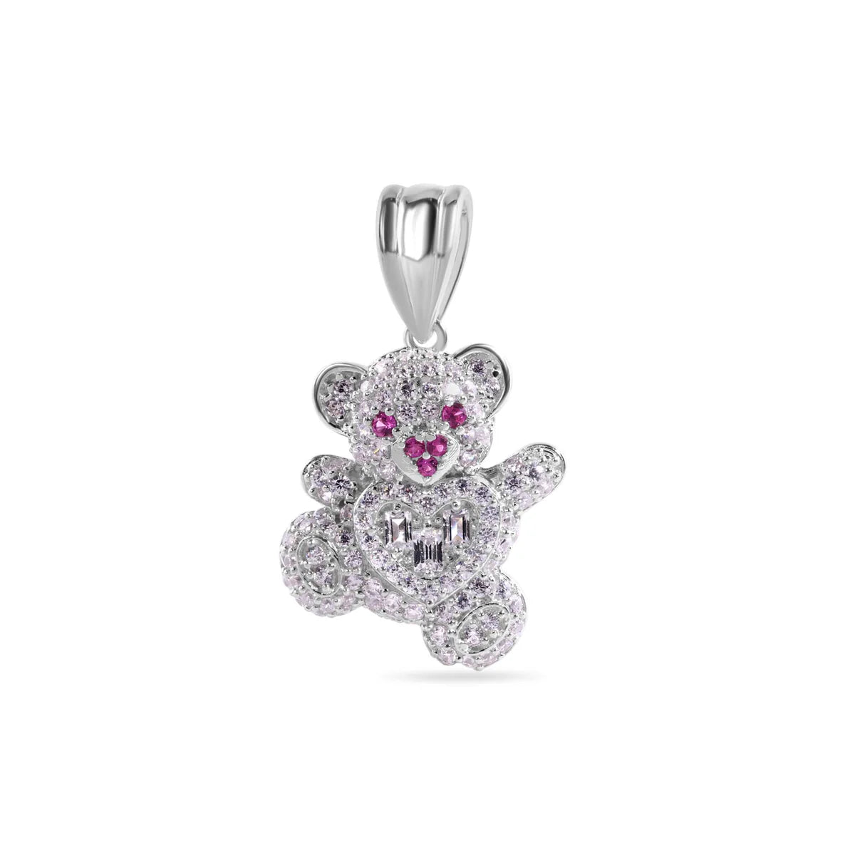 Rhodium Plated 925 Sterling Silver Teddy Bear Clear Baguette Heart Red and Clear CZ Pendant