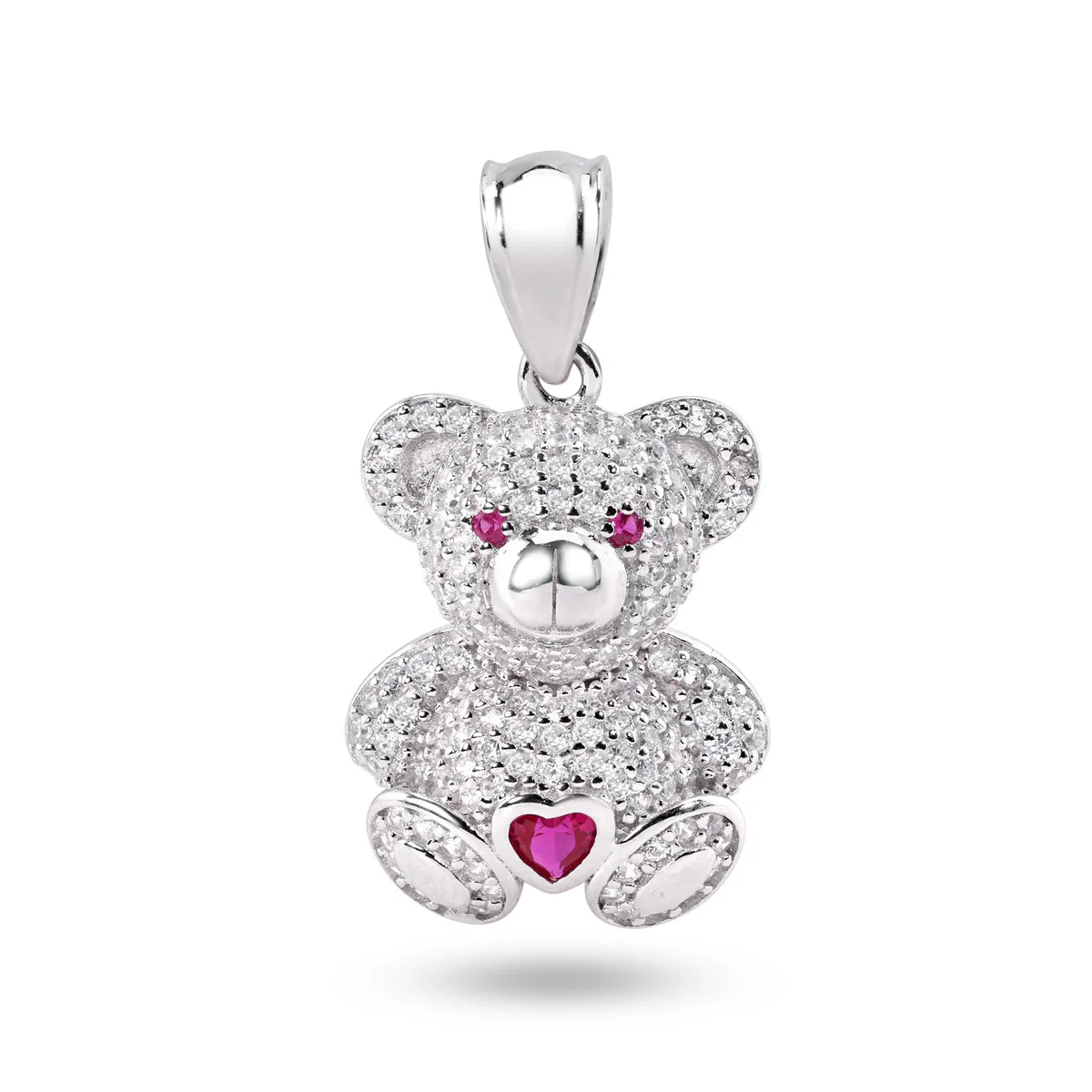 Rhodium Plated 925 Sterling Silver Teddy Bear Heart Clear and Red CZ Pendant