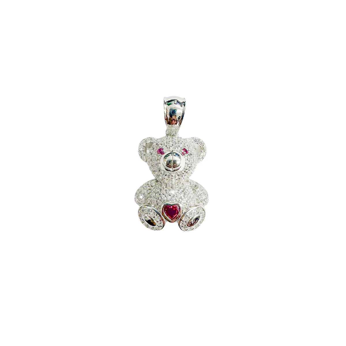 Rhodium Plated 925 Sterling Silver Teddy Bear Heart Clear and Red CZ Pendant