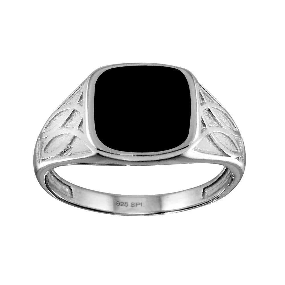 Rhodium Plated 925 Sterling Silver Black Enamel Celtic Design Shank Ring