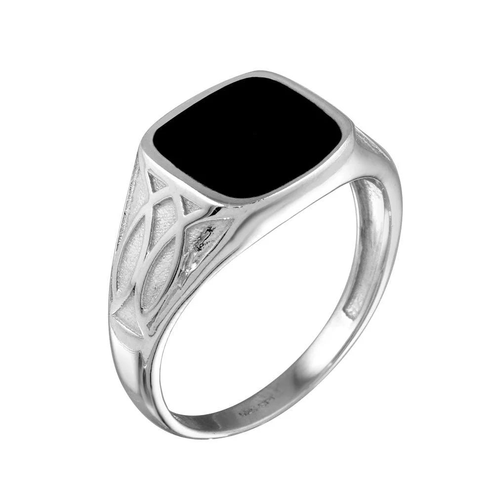 Rhodium Plated 925 Sterling Silver Black Enamel Celtic Design Shank Ring