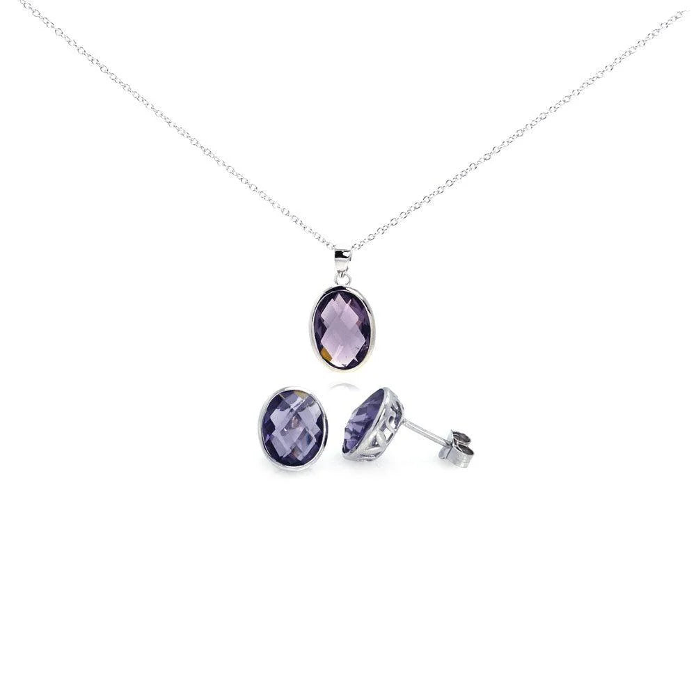 Silver 925 Rhodium Plated Oval Purple Amethyst CZ Post Earring and Necklace Set