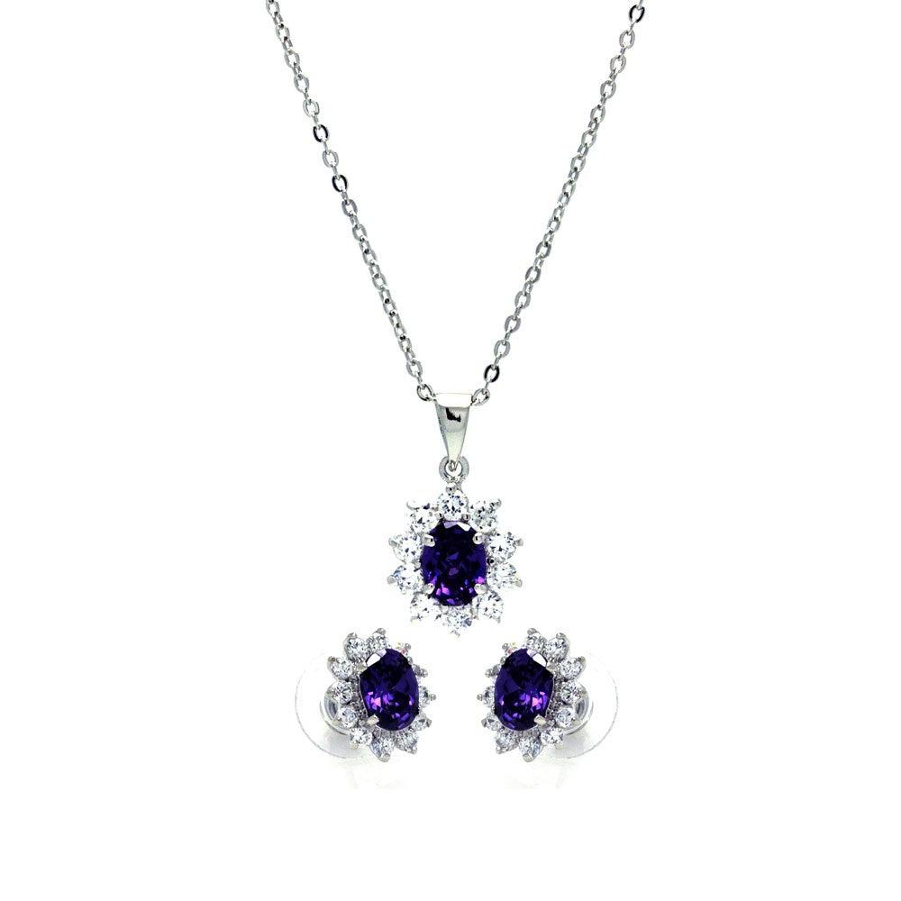 Silver 925 Rhodium Plated Purple Amethyst and Clear Cluster Flower CZ Stud Earring and Dangling Necklace Set