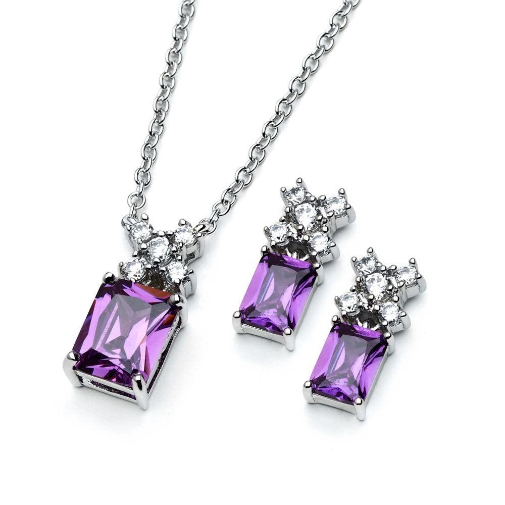 Silver 925 Rhodium Plated Clear Round Purple Amethyst Rectangle CZ Stud Earring and Necklace Set