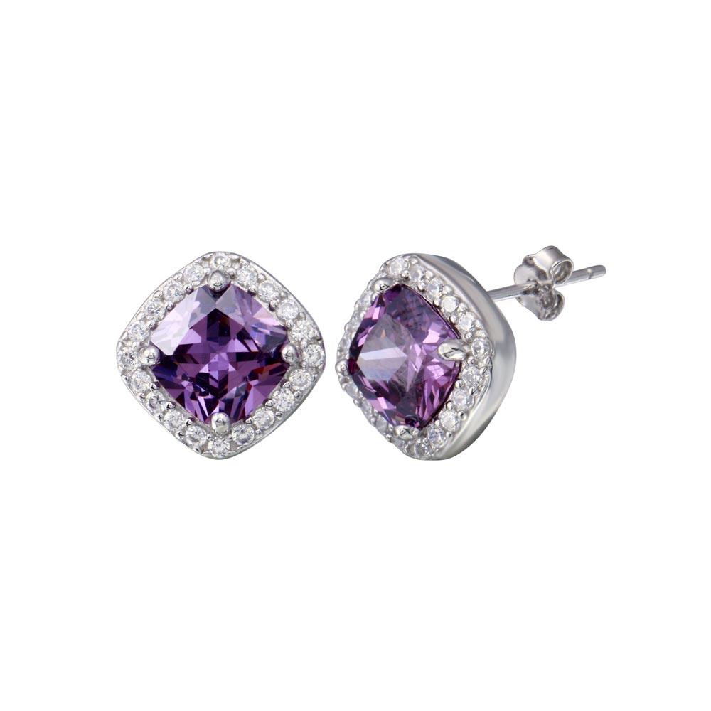 Rhodium Plated 925 Sterling Silver Square Amethyst Clear CZ Stud Earring