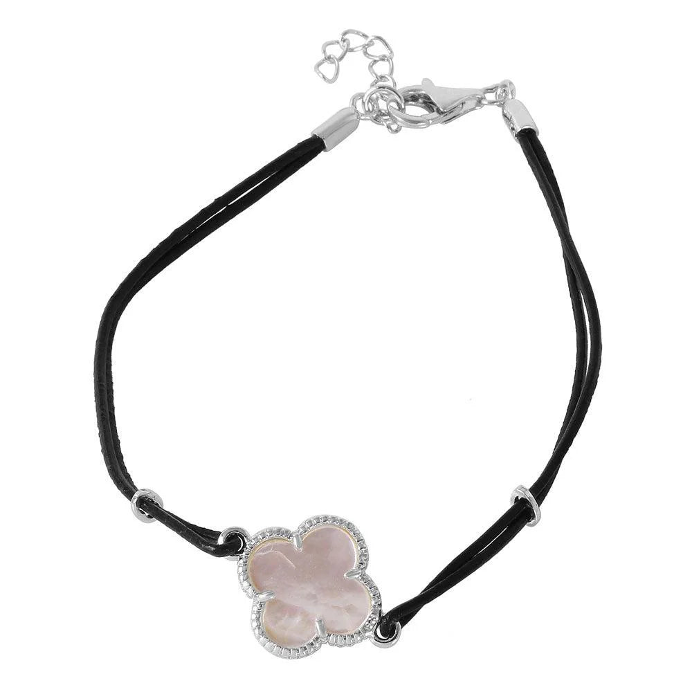 Silver 925 Mother of Pearl Clover on Leather Strap Bracelet