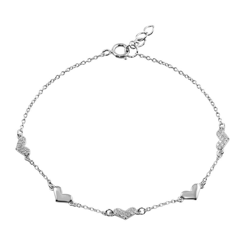 Rhodium Plated 925 Sterling Silver CZ Hearts Chain Bracelet