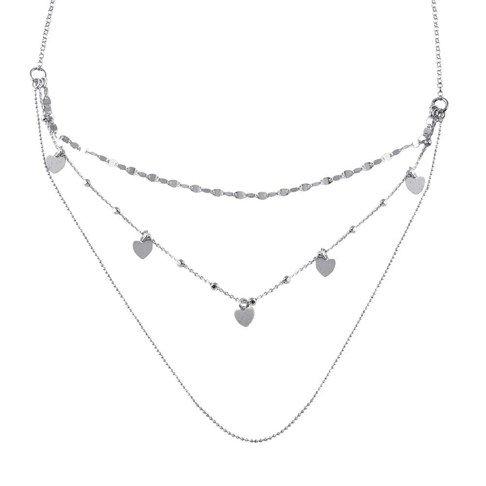 Rhodium Plated 925 Sterling Silver Multi Chain Dangling Hearts Necklace