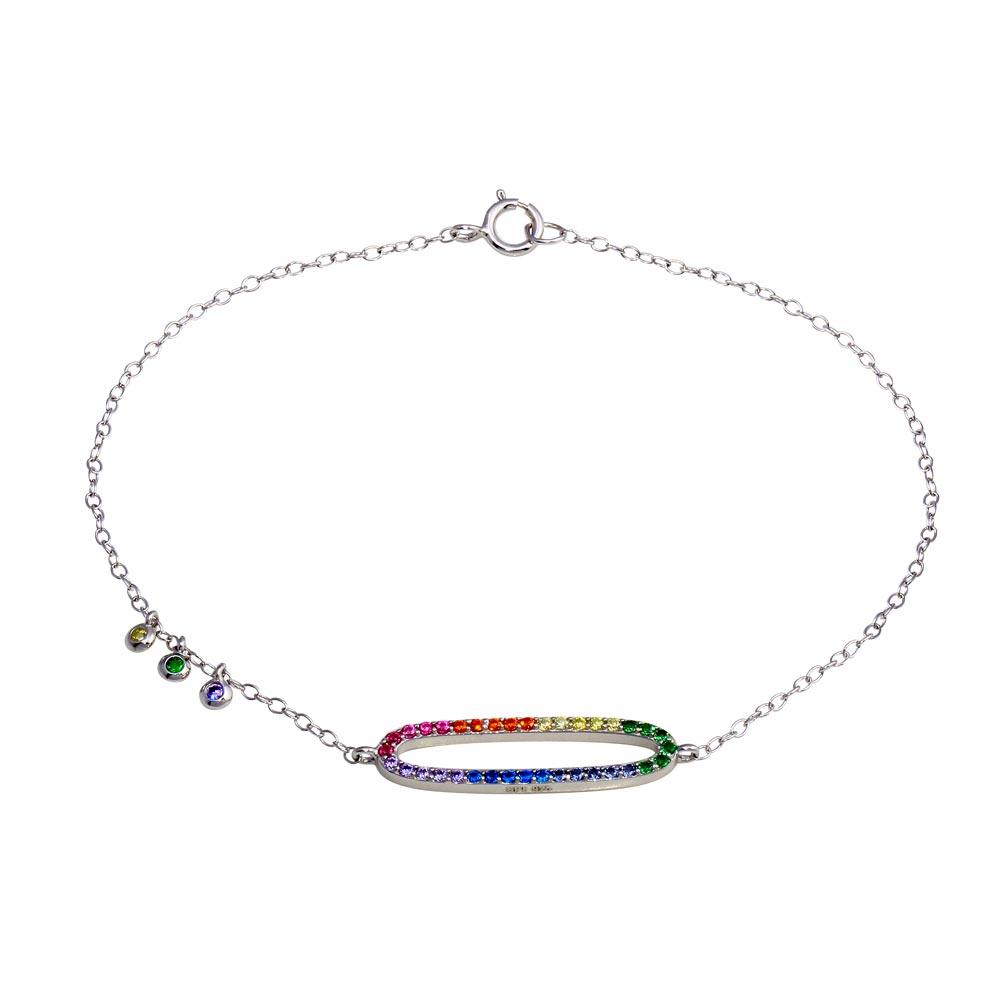 Rhodium Plated 925 Sterling Silver Multi Color CZ Open Oval Bracelet