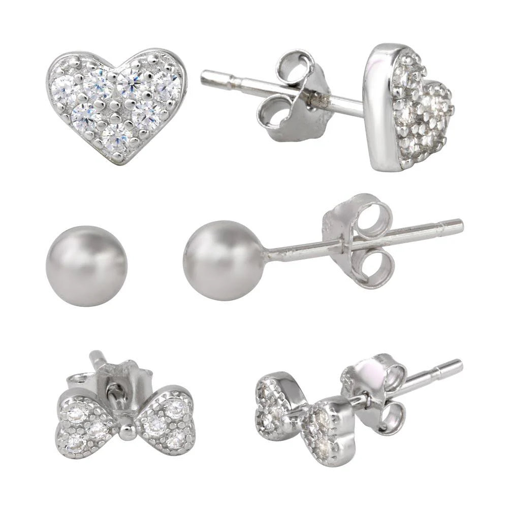 Rhodium Plated 925 Sterling Silver Plain Bead CZ Heart and CZ Bowtie Stud Set