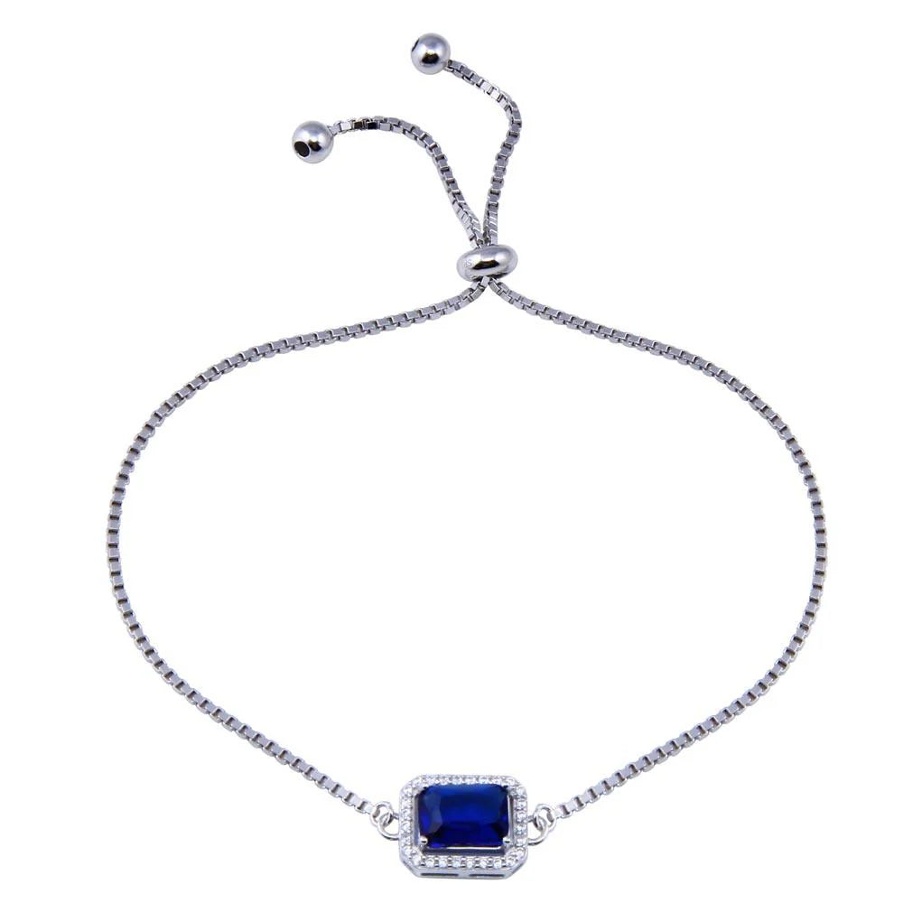 Rhodium Plated 925 Sterling Silver Round Blue and Clear CZ Rectangle Adjustable Bracelet