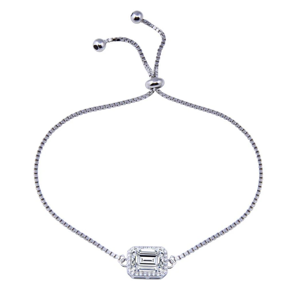 Rhodium Plated 925 Sterling Silver Round Clear CZ Rectangle Adjustable Bracelet