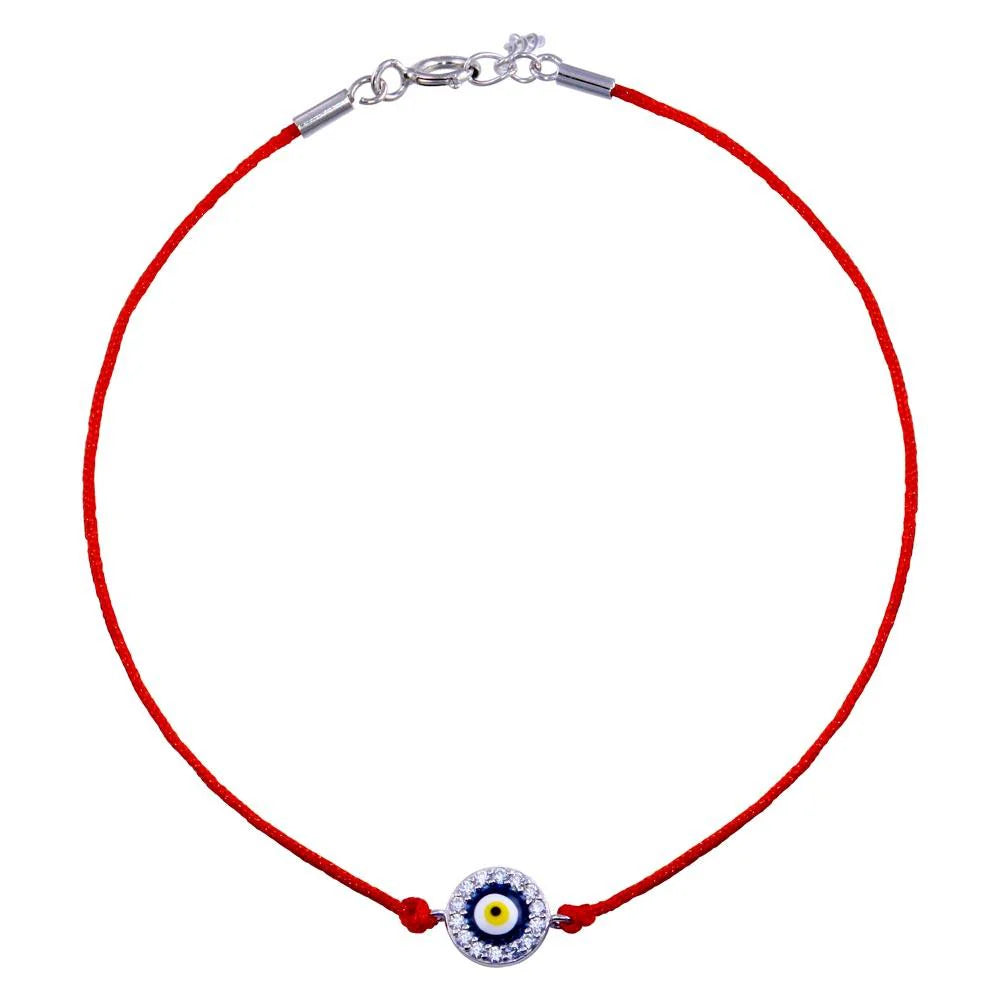 Rhodium Plated 925 Sterling Silver Round Evil Eye CZ Red Cord Bracelet