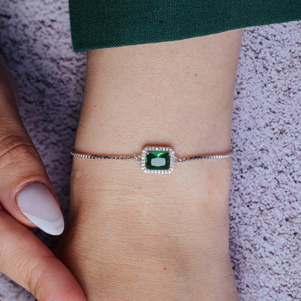 Rhodium Plated 925 Sterling Silver Round Green and Clear CZ Rectangle Adjustable Bracelets