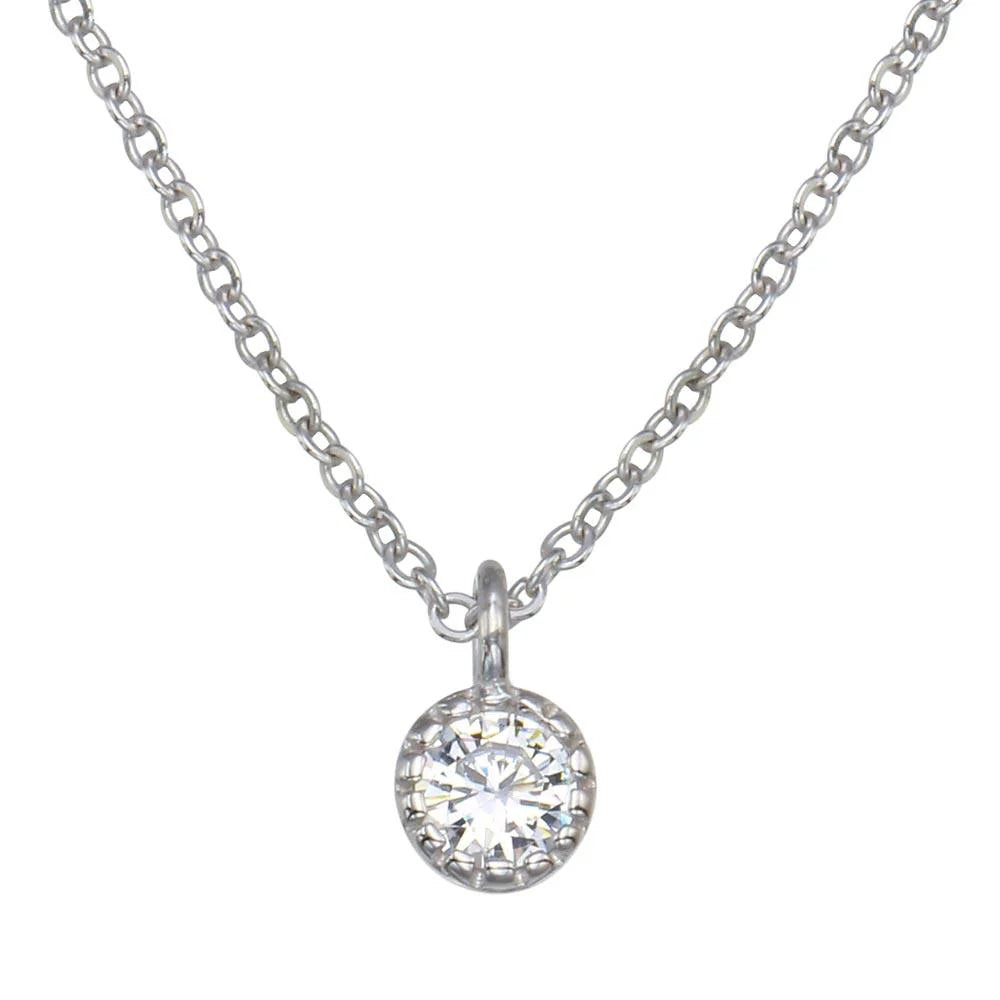 Rhodium Plated 925 Sterling Silver Single CZ Solitaire Necklace