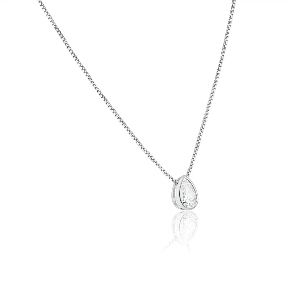 Rhodium Plated Teardrop Clear CZ Pendant Necklace