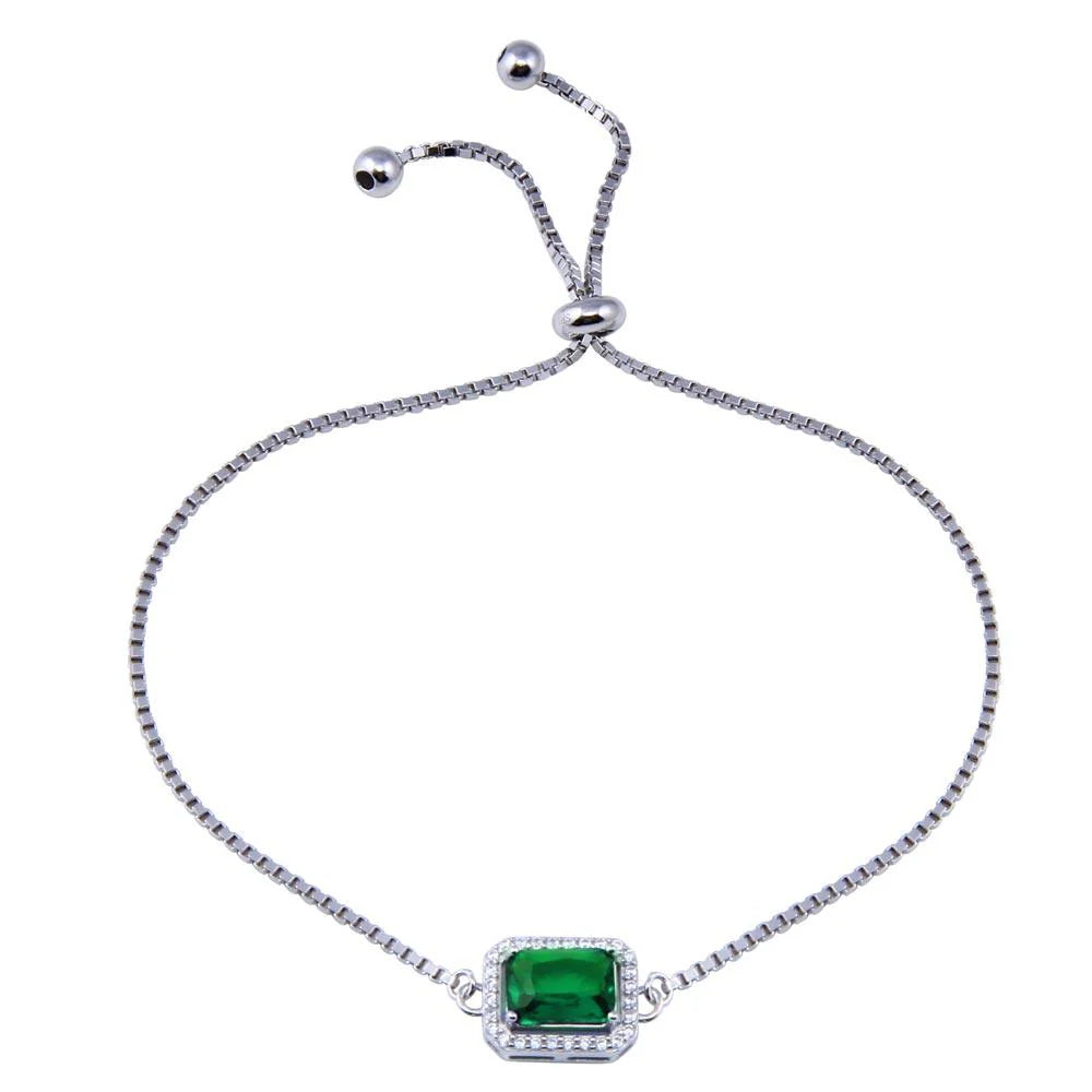 Rhodium Plated 925 Sterling Silver Round Green and Clear CZ Rectangle Adjustable Bracelets