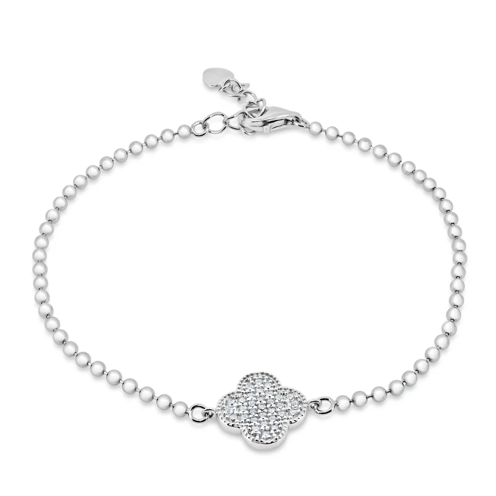 Rhodium Plated 925 Sterling Silver Bead Flower CZ Chain Bracelet