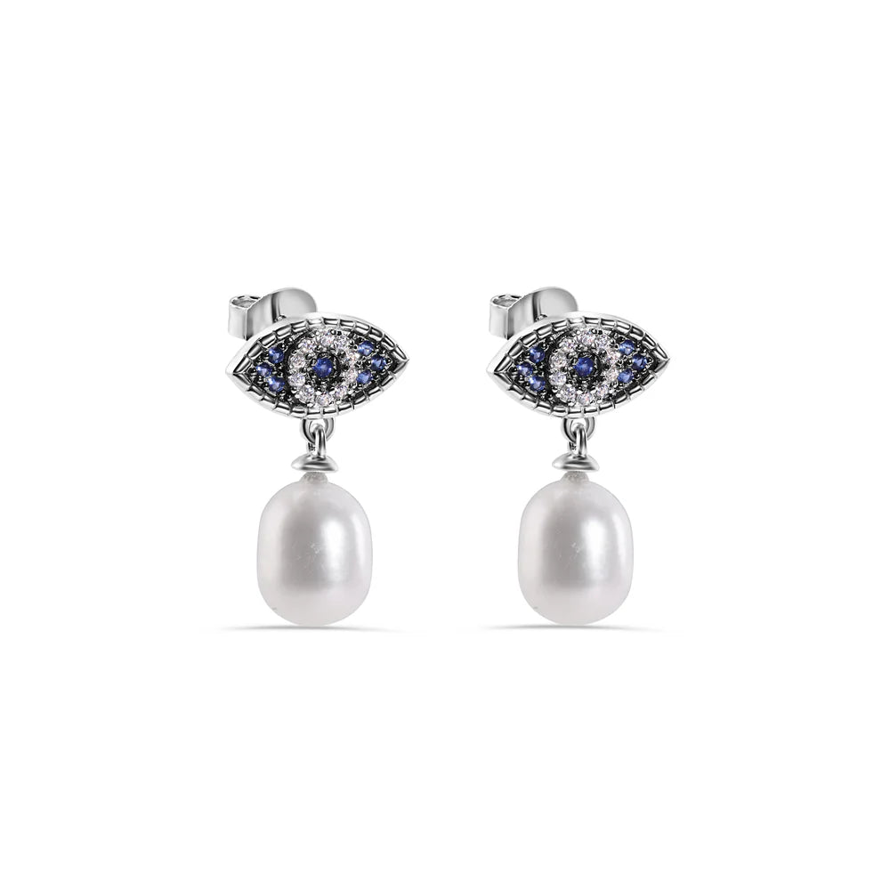 Rhodium Plated 925 Sterling Silver Evil Eye Dangling Syntethic Pearl Clear and Blue CZ Stud Earrings